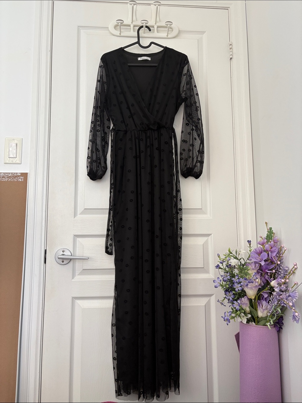 Black Sheer Floral Print Maxi Dress with Elastic Waist